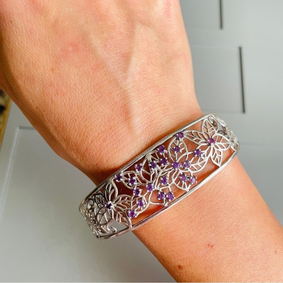 Amethyst Floral Filigree Open Work Sterling Silver Cuff Bracelet By HENG… - Picture 2 of 7